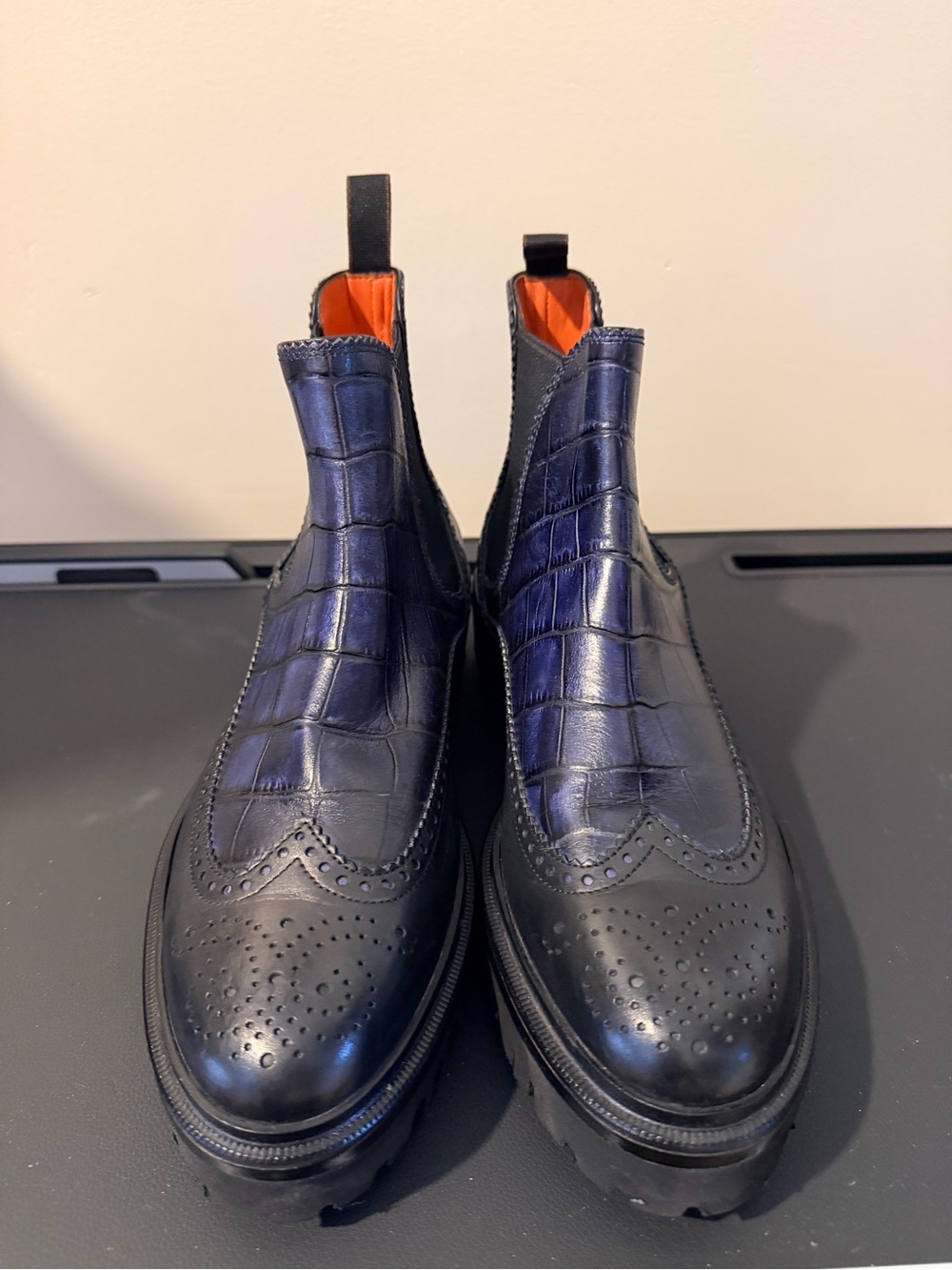 Santoni Women's Black Croc-Embossed Leather Chelsea Booties Authentic